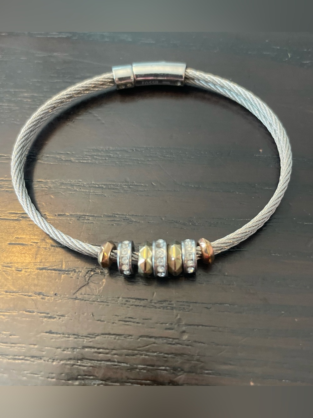 Signed FOSSIL Brand Jewelry Metal Bracelet Silver, Rose & Yellow Gold & Crystals